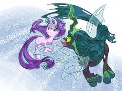 Size: 1600x1200 | Tagged: safe, artist:hananpacha, queen chrysalis, starlight glimmer, changeling, changeling queen, pony, unicorn, the ending of the end, duo, fangs, female, fight, flying, glowing horn, horn, looking at each other, mare, open mouth, quadrupedal, scene interpretation, snow, ultimate chrysalis