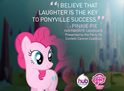 Size: 850x628 | Tagged: safe, pinkie pie, earth pony, pony, best pony contest, hub logo, hub network, hubble, solo, text