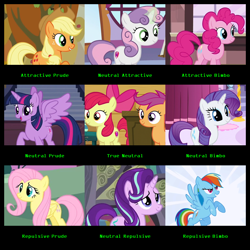 Size: 960x960 | Tagged: safe, derpibooru import, apple bloom, applejack, fluttershy, pinkie pie, rainbow dash, rarity, scootaloo, starlight glimmer, sweetie belle, twilight sparkle, earth pony, pegasus, pony, unicorn, alignment chart, meta, op is a cuck, op is trying to start shit, opinion, shin megami tensei