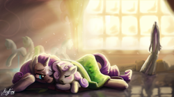 Size: 3508x1968 | Tagged: safe, artist:kraden, rarity, sweetie belle, pony, unicorn, blanket, carousel boutique, crepuscular rays, mannequin, sisters, sleeping, window