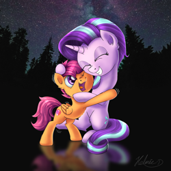 Size: 3026x3026 | Tagged: safe, artist:helmie-art, scootaloo, starlight glimmer, pegasus, pony, cute, cutealoo, eyes closed, female, filly, friendshipping, hug, mare, night, scootalove, stars