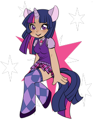 Size: 1200x1600 | Tagged: safe, artist:couratiel, artist:quackingmoron, derpibooru import, twilight sparkle, argyle, clothes, eared humanization, horned humanization, humanized, simple background, skirt, solo, stars, sweater vest, tailed humanization