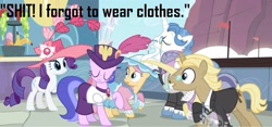 Size: 2048x957 | Tagged: safe, edit, edited screencap, screencap, fancypants, golden gavel, pish posh, rarity, sea swirl, seafoam, silver frames, swan dive, swan song, vance van vendington, pony, unicorn, sweet and elite, caption, female, hub logo, image macro, male, mare, nudity, stallion, vulgar