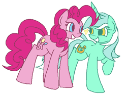 Size: 499x375 | Tagged: safe, artist:rareponypairings, lyra heartstrings, pinkie pie, earth pony, pony, unicorn, eye contact, female, heart, lesbian, looking at each other, lyrapie, no catchlights, shipping, simple background, white background