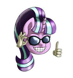 Size: 1447x1549 | Tagged: safe, artist:anonbelle, starlight glimmer, pony, unicorn, disembodied hand, exploitable meme, glasses, grin, hand, laughing, meme, memegenerator, picardia ball, s5 starlight, simple background, smiling, solo, sunglasses, thumbs up, transparent background