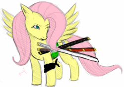 Size: 646x456 | Tagged: safe, artist:mintyunicorn, fluttershy, pegasus, pony, one piece, parody, roronoa zoro, solo, sword