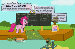 Size: 1731x1139 | Tagged: safe, artist:dzamie, antoine, pinkie pie, pony, snake, chalkboard, colored, competition, digital art, female, implied rainbow dash, implied twilight sparkle, mare, newbie artist training grounds, oral vore, predation, reptile, unwilling prey, vore