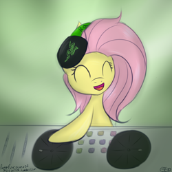 Size: 900x900 | Tagged: safe, artist:freefracornerofsillyness, artist:freefraq, fluttershy, pegasus, pony, headphones, party soft, solo, turntable