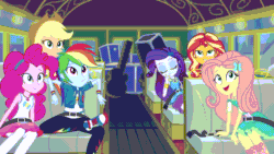 Size: 1920x1080 | Tagged: safe, derpibooru import, screencap, applejack, fluttershy, pinkie pie, rainbow dash, rarity, sunset shimmer, better together, equestria girls, animated, bus, clothes, converse, female, seatbelt, shoes, sneakers, tour bus