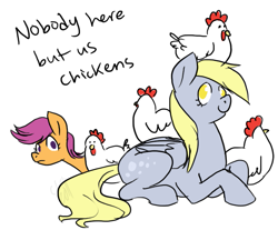 Size: 775x643 | Tagged: dead source, safe, artist:cartoonlion, derpy hooves, scootaloo, chicken, duo, scootachicken, text