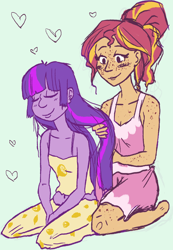 Size: 1088x1575 | Tagged: safe, artist:sun-shimmer, sunset shimmer, twilight sparkle, equestria girls, belly button, body freckles, clothes, female, freckles, humanized, lesbian, midriff, pajamas, shipping, sleepover, sunsetsparkle, tanktop