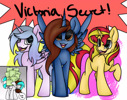 Size: 4800x3800 | Tagged: safe, artist:tobyqu33n123, sunset shimmer, oc, oc:artshine, oc:headlong flight, oc:kumi yi, alicorn, pony, alicorn oc, rule 63, shopping, victoria's secret