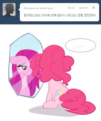 Size: 500x600 | Tagged: safe, pinkie pie, earth pony, pony, ask, korean, mirror, pinkamena diane pie, pinkiepie-kor, reflection, solo, tumblr