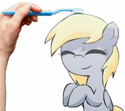 Size: 503x447 | Tagged: safe, artist:alfa995, derpy hooves, human, pegasus, pony, brushie, brushie brushie, cute, derpabetes, eyes closed, hand, irl, irl human, photo, simple background, smiling, toothbrush, white background