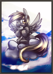 Size: 2157x3000 | Tagged: safe, artist:alumx, derpy hooves, pegasus, pony, cloud, cloudy, female, letter, mare, mouth hold, solo