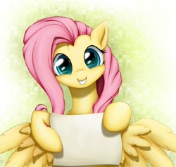 Size: 1600x1516 | Tagged: safe, artist:xn-d, edit, fluttershy, pegasus, pony, cute, exploitable, note, paper, shyabetes, sign, smiling, solo