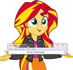 Size: 518x500 | Tagged: safe, artist:goddessgoodra, sunset shimmer, equestria girls, faggot, notepad, slur, solo, vulgar