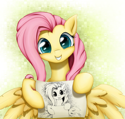 Size: 1600x1516 | Tagged: safe, artist:xn-d, edit, fluttershy, pegasus, pony, note, paper, sign, smiling, solo