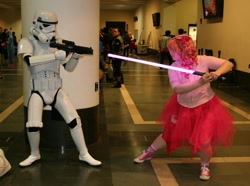 Size: 960x715 | Tagged: safe, artist:kurokitoshiko, pinkie pie, human, cosplay, irl, irl human, lightsaber, photo, star wars, stormtrooper