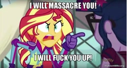 Size: 800x429 | Tagged: safe, edit, edited screencap, screencap, sci-twi, sunset shimmer, twilight sparkle, equestria girls, friendship games, caption, image macro, les grossman, meme, sunset yells at twilight, tropic thunder, vulgar