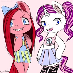 Size: 512x512 | Tagged: safe, artist:pipomanager-mimmi, pinkie pie, rarity, pony, unicorn, alternate hairstyle, bipedal, clothes, midriff, pinkamena diane pie, skirt, smiling, suspenders, wingding eyes