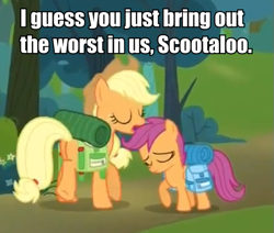 Size: 503x427 | Tagged: safe, screencap, applejack, scootaloo, earth pony, pony, sleepless in ponyville, image macro, scootabuse