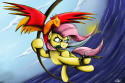 Size: 1250x828 | Tagged: safe, artist:jamescorck, fluttershy, pegasus, phoenix, pony, badass, flutterbadass, mouth hold, pirate, sword