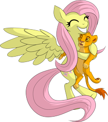 Size: 1776x2000 | Tagged: safe, artist:xonxt, fluttershy, big cat, lion, pegasus, pony, crossover, disney, hug, simba, the lion king