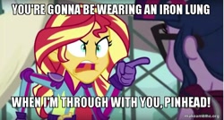 Size: 800x429 | Tagged: safe, edit, edited screencap, screencap, sci-twi, sunset shimmer, twilight sparkle, equestria girls, friendship games, caption, image macro, meme, spongebob squarepants, sunset yells at twilight, survival of the idiots