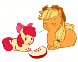 Size: 500x400 | Tagged: dead source, safe, artist:xarakayx, apple bloom, applejack, earth pony, pony, adorabloom, animated, apple, apple slice, bean bag pony, bow, chewing, cute, eating, eyes closed, female, filly, food, freckles, fruit, hair bow, hat, herbivore, mare, munching, simple background, sisters, white background