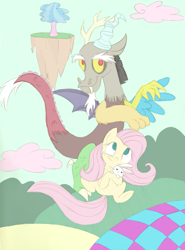 Size: 1633x2207 | Tagged: safe, artist:estrill, angel bunny, discord, fluttershy, pegasus, pony, discoshy, female, male, shipping, straight