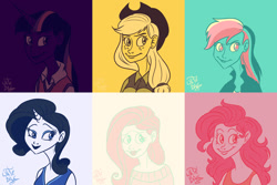 Size: 1024x683 | Tagged: dead source, safe, artist:whitebag, derpibooru import, applejack, fluttershy, pinkie pie, rainbow dash, rarity, twilight sparkle, human, bust, horned humanization, humanized, limited palette, mane six