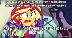 Size: 800x429 | Tagged: safe, edit, edited screencap, screencap, sci-twi, sunset shimmer, twilight sparkle, equestria girls, friendship games, caption, full metal jacket, image macro, meme, sunset yells at twilight, vulgar