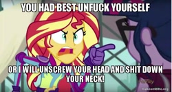 Size: 800x429 | Tagged: safe, edit, edited screencap, screencap, sci-twi, sunset shimmer, twilight sparkle, equestria girls, friendship games, caption, full metal jacket, image macro, meme, sunset yells at twilight, vulgar