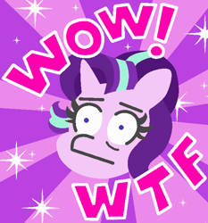 Size: 578x621 | Tagged: safe, artist:threetwotwo32232, starlight glimmer, pony, unicorn, bust, female, head only, mare, meme, shrunken pupils, solo, sunburst background, wow, wow! glimmer, wtf