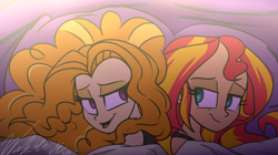 Size: 900x505 | Tagged: safe, artist:wubcakeva, adagio dazzle, sunset shimmer, equestria girls, bed, bedroom eyes, female, lesbian, shipping, sunsagio