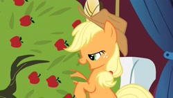 Size: 1920x1080 | Tagged: safe, screencap, applejack, bloomberg, earth pony, pony, over a barrel, apple, apple tree, lidded eyes, out of context, that pony sure does love apples, tree