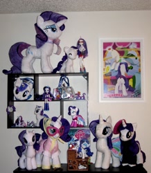 Size: 1164x1336 | Tagged: safe, artist:whiteheather, idw, hoity toity, opalescence, photo finish, rarity, steven magnet, collection, commonity, doll, irl, merchandise, multeity, my little pony logo, obsession, photo, plushie, poster, toy