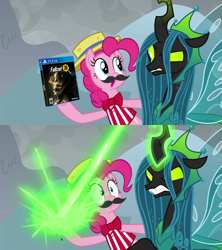 Size: 1920x2160 | Tagged: safe, edit, edited screencap, screencap, pinkie pie, queen chrysalis, changeling, changeling queen, earth pony, pony, the ending of the end, chrysalis blasts things, fake moustache, fallout, fallout 76, female, take that, ultimate chrysalis