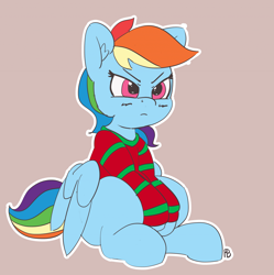 Size: 1280x1283 | Tagged: safe, artist:pabbley, derpibooru import, rainbow dash, pegasus, pony, 30 minute art challenge, christmas sweater, clothes, ear fluff, female, frown, mare, pouting, rainbow dash always dresses in style, simple background, sitting, solo, sweater, unamused