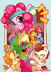 Size: 651x914 | Tagged: dead source, safe, artist:suikuzu, carrot cake, cup cake, gummy, pinkie pie, pound cake, pumpkin cake, earth pony, pegasus, pony, unicorn, baby cakes, action poster, baby, baby pony, bipedal, female, headband, male, mare, scene interpretation, stallion, workout outfit, wristband