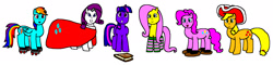 Size: 2512x604 | Tagged: safe, artist:samueljcollins1990, derpibooru import, applejack, fluttershy, pinkie pie, rainbow dash, rarity, twilight sparkle, earth pony, pegasus, pony, unicorn, 1000 hours in ms paint, book, christmas, clothes, dress, happy hearth's warming, hat, hearth's warming, holiday, mane six, merry christmas, roller skates, simple background, snowshoes, socks, striped socks, white background