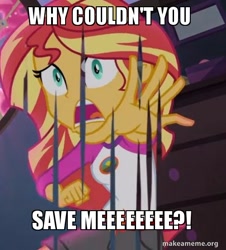 Size: 500x553 | Tagged: safe, edit, edited screencap, screencap, sunset shimmer, equestria girls, legend of everfree, batman the animated series, bronybait, caption, cropped, dissolving, erasing, image macro, meme, reaching out, sad, two-face