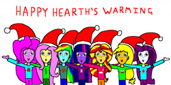 Size: 1900x950 | Tagged: safe, artist:samueljcollins1990, derpibooru import, applejack, fluttershy, pinkie pie, rainbow dash, rarity, sunset shimmer, twilight sparkle, equestria girls, christmas, happy hearth's warming, hat, hearth's warming, holiday, humane five, humane seven, humane six, jumper, mane seven, mane six, merry christmas, santa hat