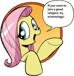 Size: 421x431 | Tagged: safe, idw, fluttershy, pegasus, pony, bad advice fluttershy, blue eyes, dialogue, exploitable meme, female, mare, meme, open mouth, pink mane, raised hoof, raised leg, religion, scientology, simple background, smiling, solo, speech bubble, talking to viewer, underhoof, yellow coat