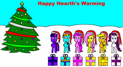 Size: 2374x1298 | Tagged: safe, artist:samueljcollins1990, derpibooru import, applejack, fluttershy, pinkie pie, rainbow dash, rarity, twilight sparkle, twilight sparkle (alicorn), alicorn, earth pony, pegasus, pony, unicorn, christmas, christmas tree, happy hearth's warming, hat, hearth's warming, holiday, mane six, merry christmas, present, santa hat, tree