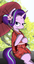 Size: 1100x2073 | Tagged: safe, artist:pandramodo, starlight glimmer, pony, semi-anthro, unicorn, clothes, cute, female, flower, flower in hair, glimmerbetes, hair bun, kimono (clothing), looking at you, mare, smiling, solo, umbrella