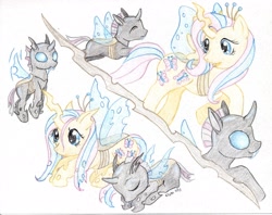 Size: 2373x1882 | Tagged: safe, artist:elisto, fluttershy, changeling, changeling queen, changelingified, traditional art