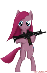 Size: 3269x5000 | Tagged: safe, artist:orang111, pinkie pie, earth pony, pony, absurd resolution, bipedal, eotech, gun, hk416, holographic sight, looking at you, picatinny rail, pinkamena diane pie, rifle, solo, weapon