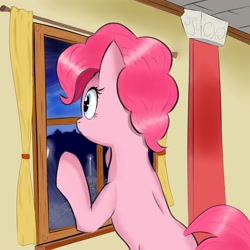 Size: 2000x2000 | Tagged: safe, artist:smehoon, pinkie pie, earth pony, pony, against glass, night, solo, window